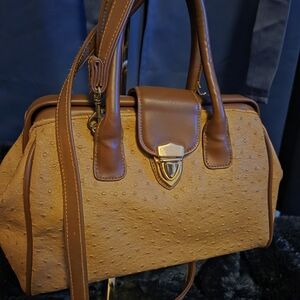 Vintage Style Ostrich Embossed Satchel Doctor Bag Camel Brown